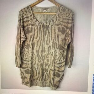 WILFRED Women Oversized Beige Animal Print Silk Cotton Cashmere Pullover Sweater